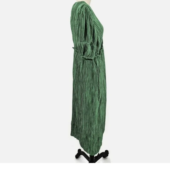 Anthropology Green Pleated V Neck Midi Dress Size Large - Picture 2 of 7